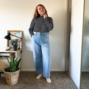 Black & White Stripe Ribbed Cotton Long Sleeve Knit Mock Turtleneck, Size: L